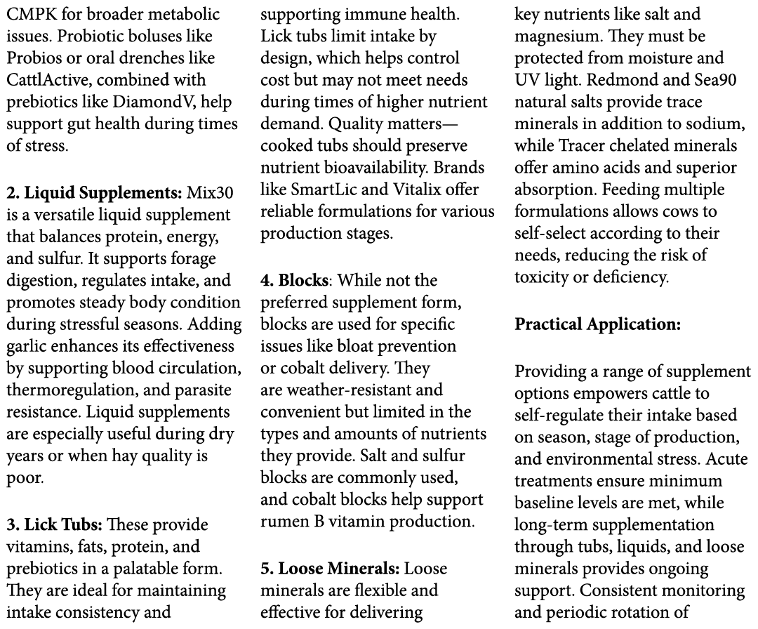 CMPK for broader metabolic issues. Probiotic boluses like Probios or oral drenches like CattlActive, combined with pr...