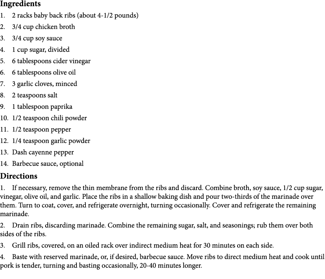 Ingredients 1. 2 racks baby back ribs (about 4 1/2 pounds) 2. 3/4 cup chicken broth 3. 3/4 cup soy sauce 4. 1 cup sug...