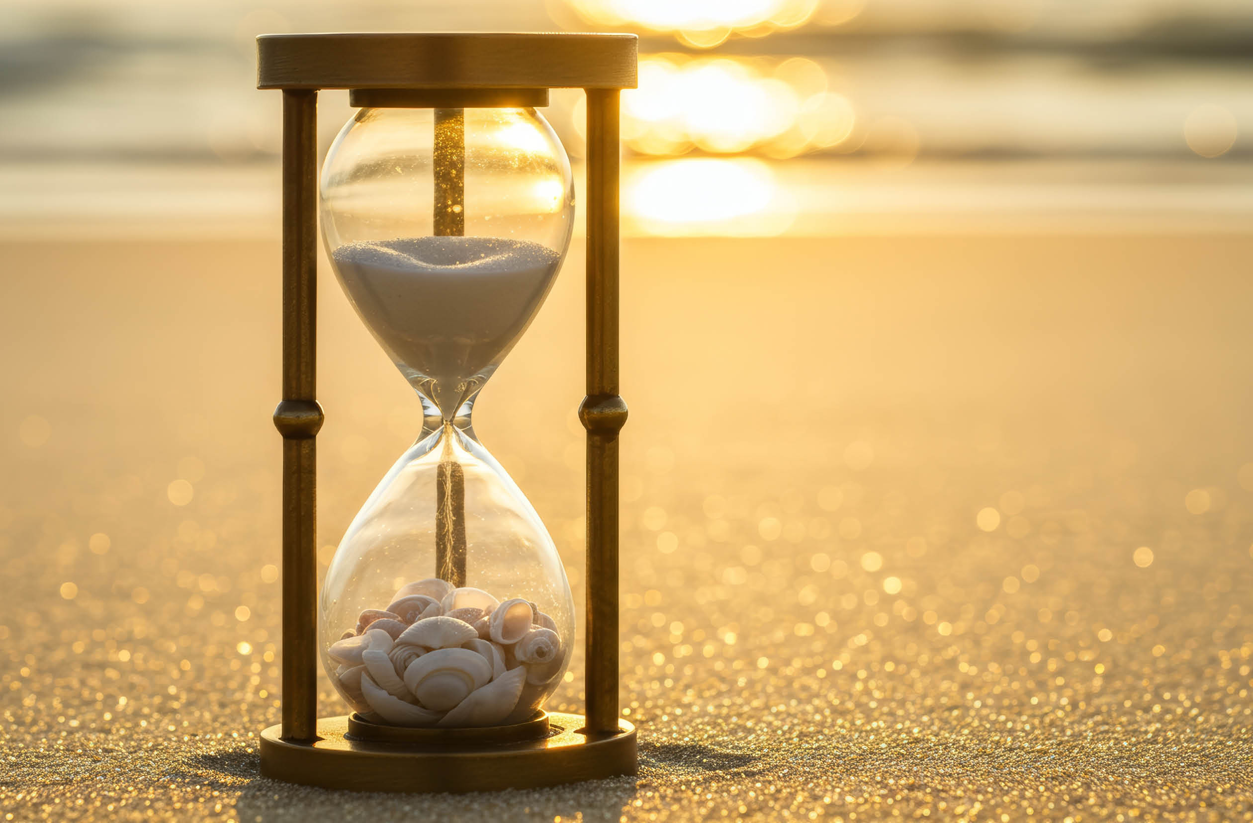 Seashells fill the bottom of an hourglass on a beach at sunrise. The image evokes a sense of calmness, tranquility, and the ephemeral nature of time. Golden light illuminates the serene coastal setting, symbolizing memories and peaceful moments slipping away.