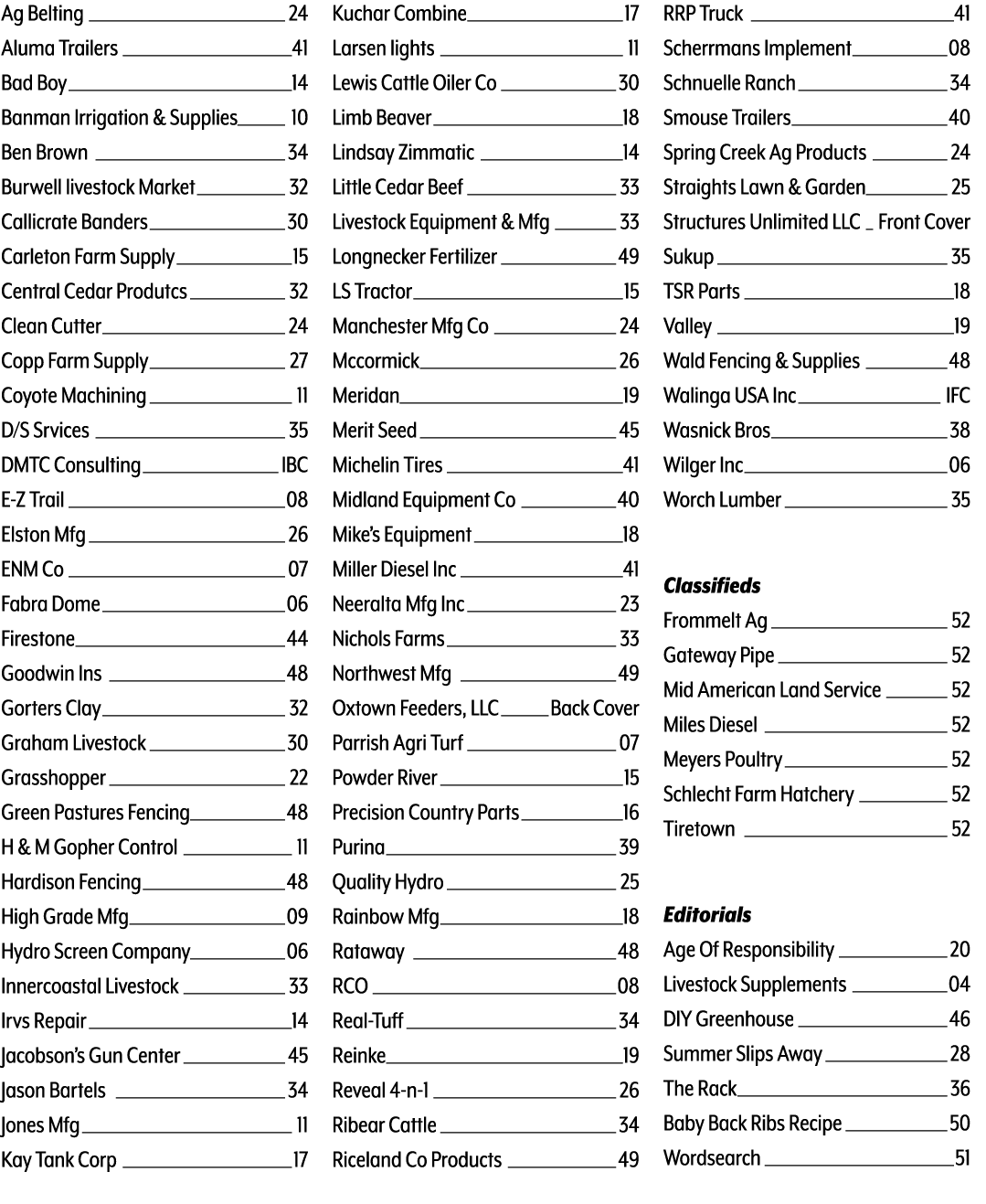 Ag Belting 24 Aluma Trailers 41 Bad Boy 14 Banman Irrigation & Supplies 10 Ben Brown 34 Burwell livestock Market 32 C...