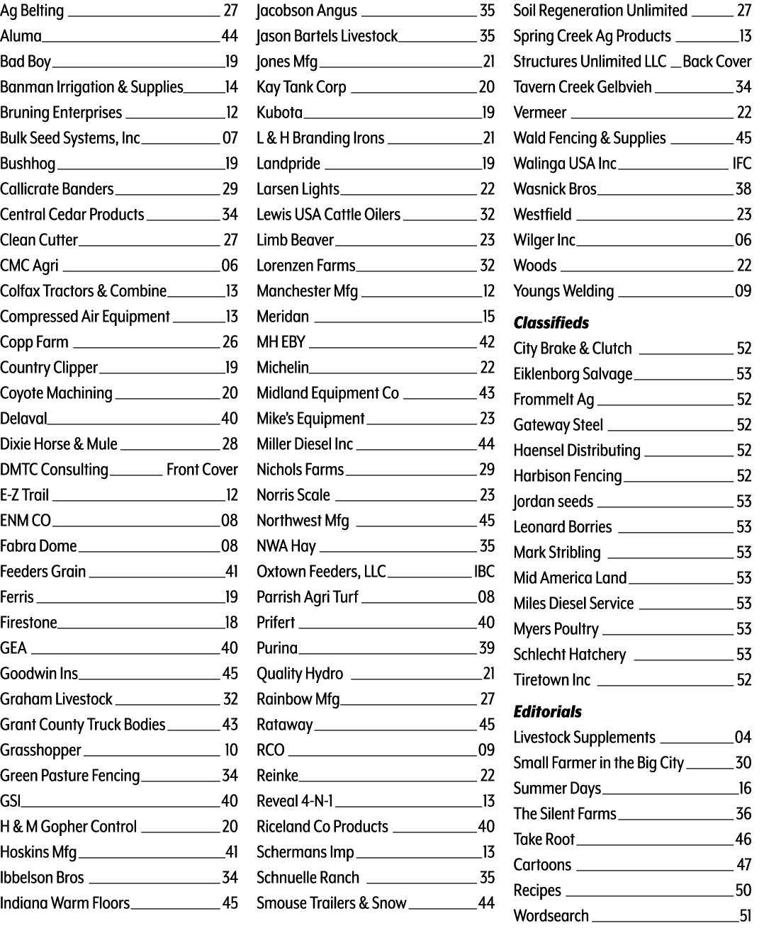 Ag Belting 27 Aluma 44 Bad Boy 19 Banman Irrigation & Supplies 14 Bruning Enterprises 12 Bulk Seed Systems, Inc 07 Bu...