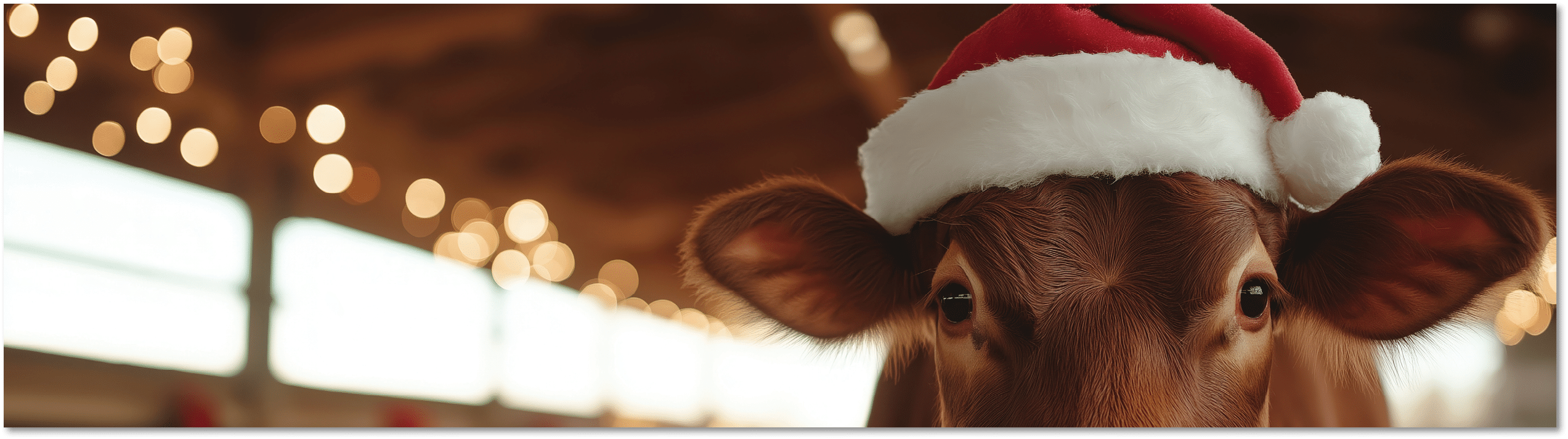 A Brown Swiss cow wearing a Santa hat with a fluffy white pom-pom, standing in a barn decorated with garlands and Christmas ornaments. The camera captures the sharp texture of the cow €™s fur, while the warm sunlight streaming in from a window adds a cozy, cinematic glow. --ar 2:1 --style raw --personalize 8hlmt7z --v 6.1 Job ID: 5d1e3e11-523a-4197-b657-9dd1224e7e18