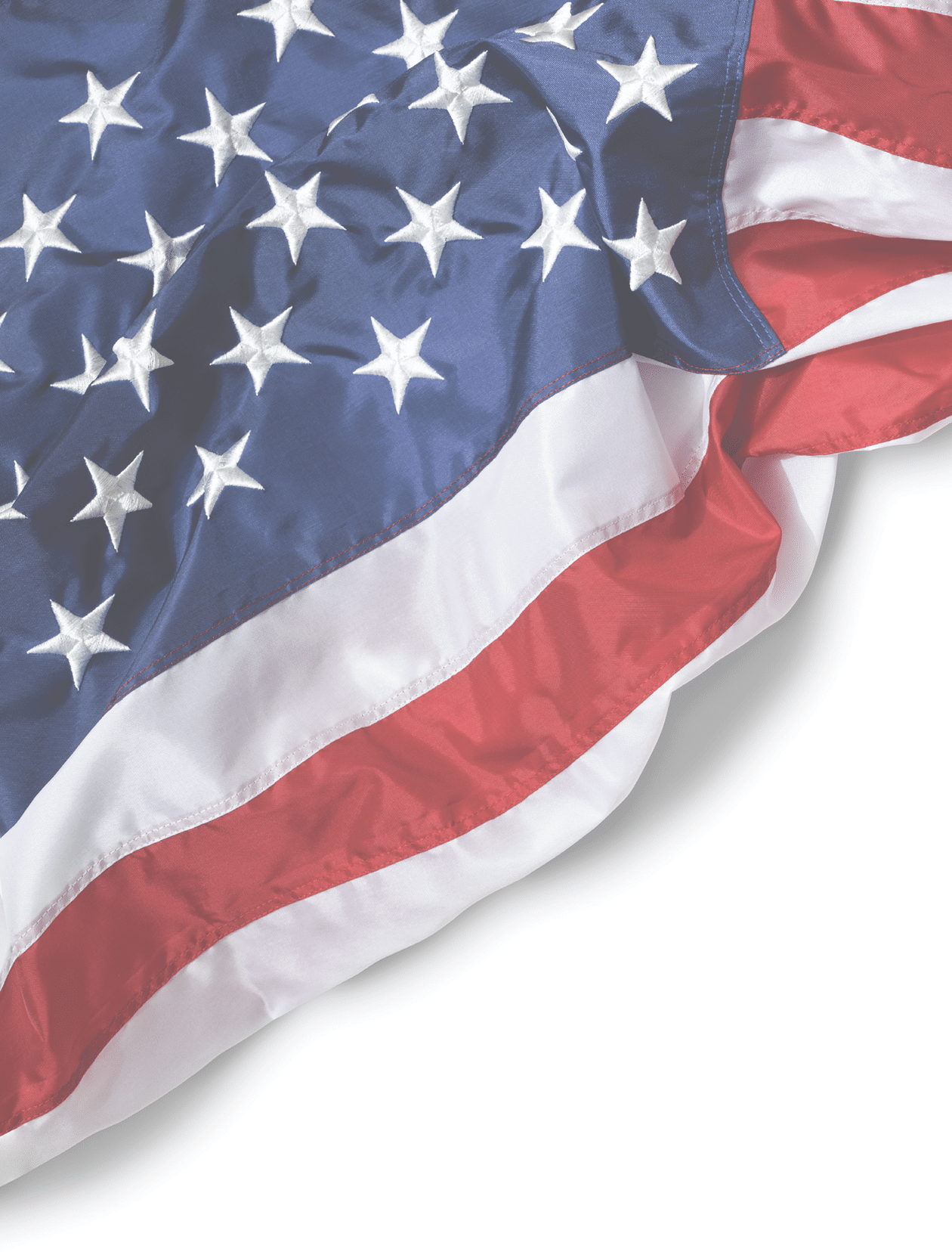 Closeup ruffled American flag isolated on white background