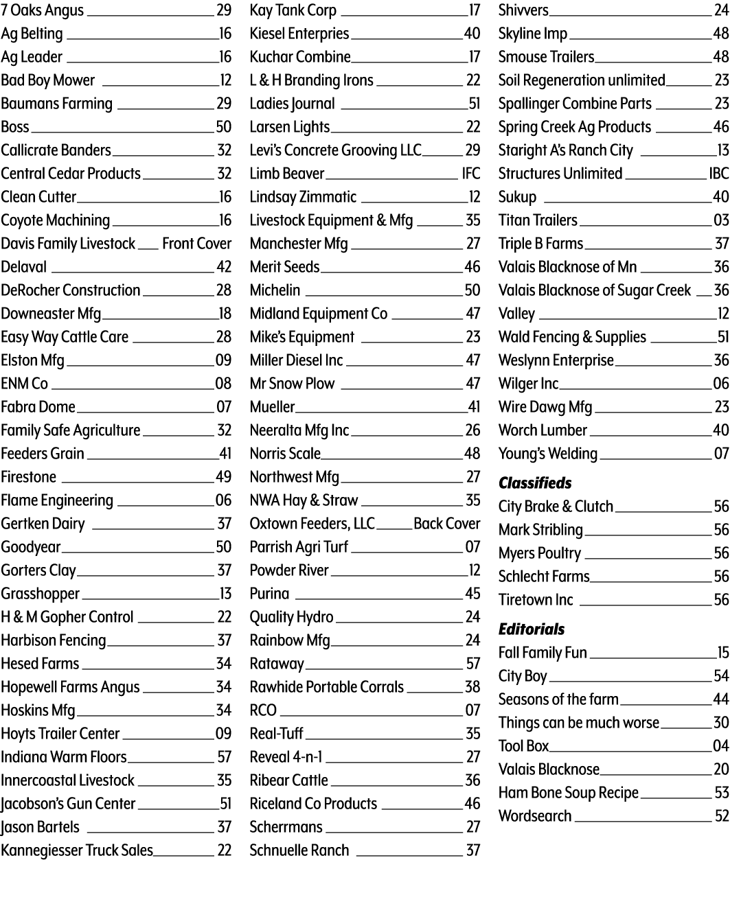 7 Oaks Angus 29 Ag Belting 16 Ag Leader 16 Bad Boy Mower 12 Baumans Farming 29 Boss 50 Callicrate Banders 32 Central ...