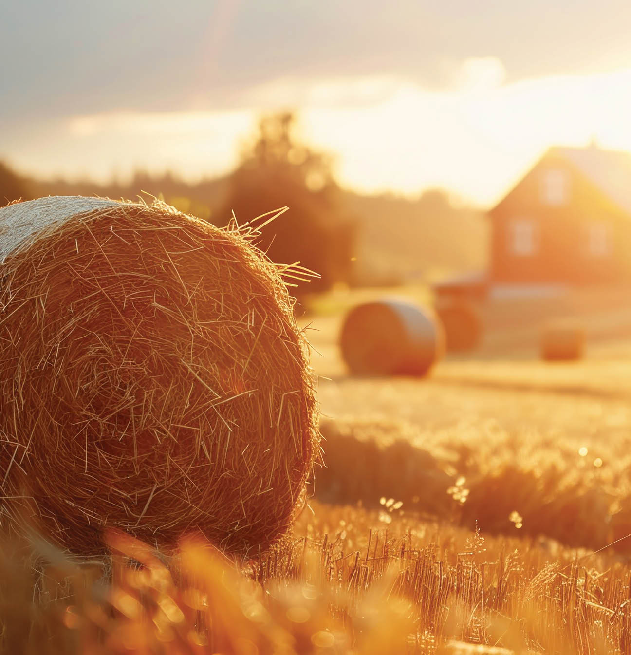 Closeup view of dry crop hay bale in farm land field 